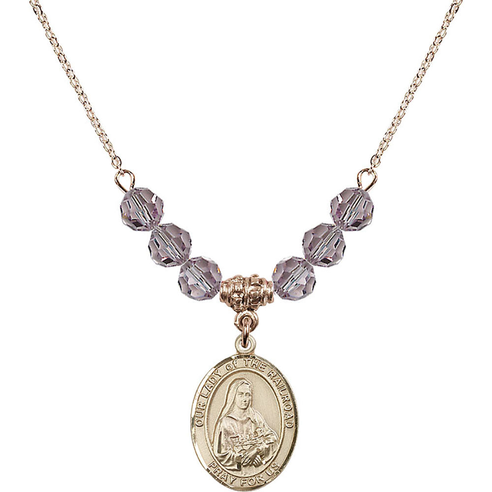 14kt Gold Filled Our Lady of the Railroad Birthstone Necklace with Light Amethyst Beads - 8247