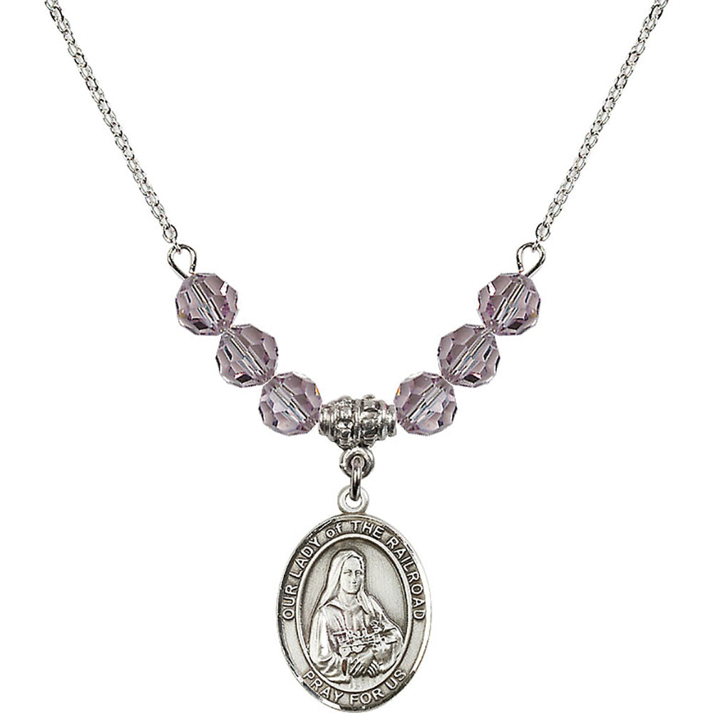 Sterling Silver Our Lady of the Railroad Birthstone Necklace with Light Amethyst Beads - 8247