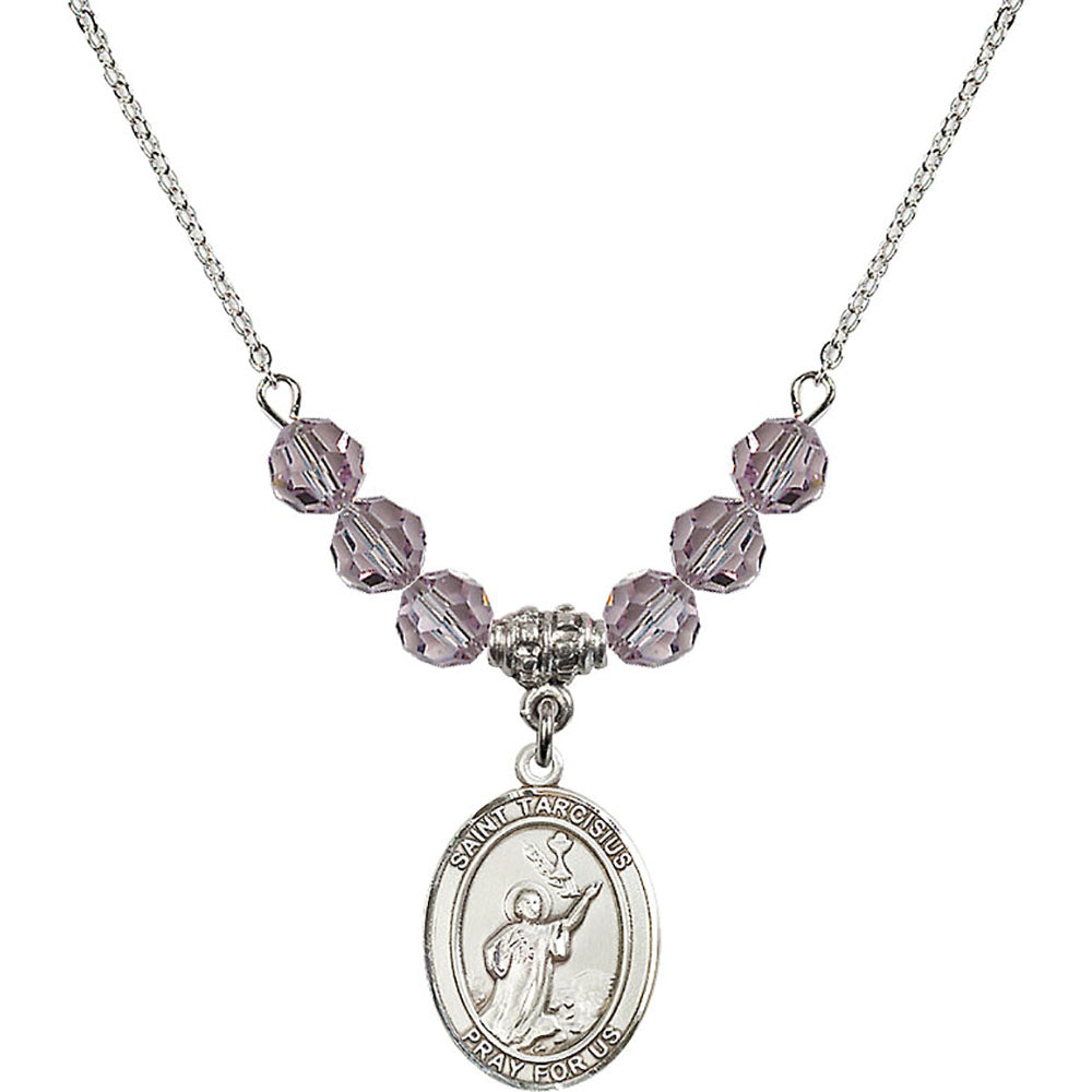 Sterling Silver Saint Tarcisius Birthstone Necklace with Light Amethyst Beads - 8261