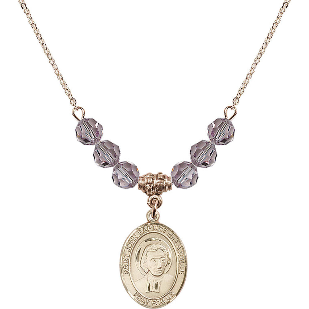 14kt Gold Filled Saint John Baptist de la Salle Birthstone Necklace with Light Amethyst Beads - 8262