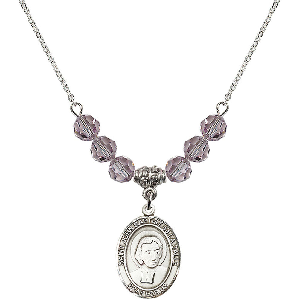 Sterling Silver Saint John Baptist de la Salle Birthstone Necklace with Light Amethyst Beads - 8262