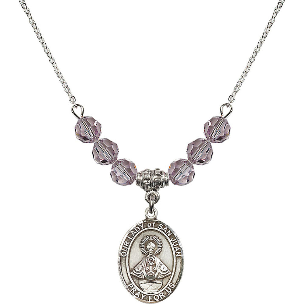 Sterling Silver Our Lady of San Juan Birthstone Necklace with Light Amethyst Beads - 8263