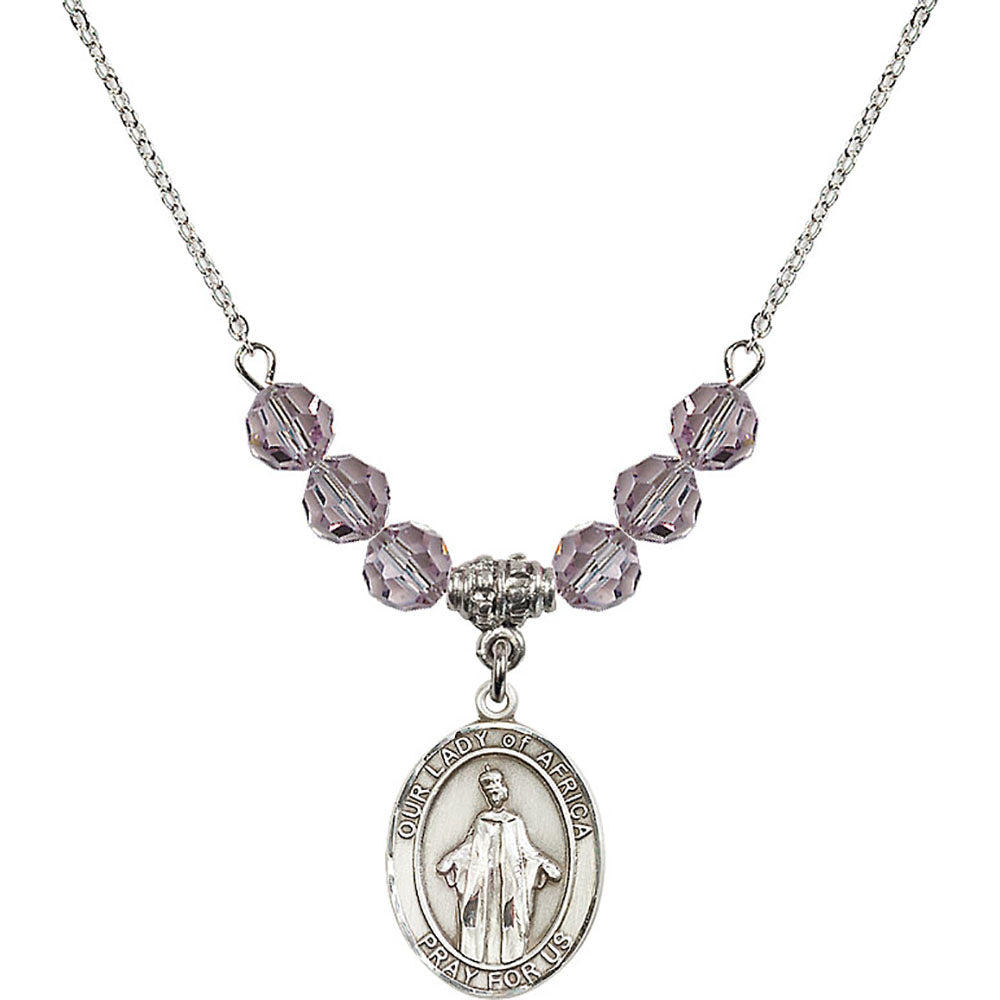 Sterling Silver Our Lady of Africa Birthstone Necklace with Light Amethyst Beads - 8269