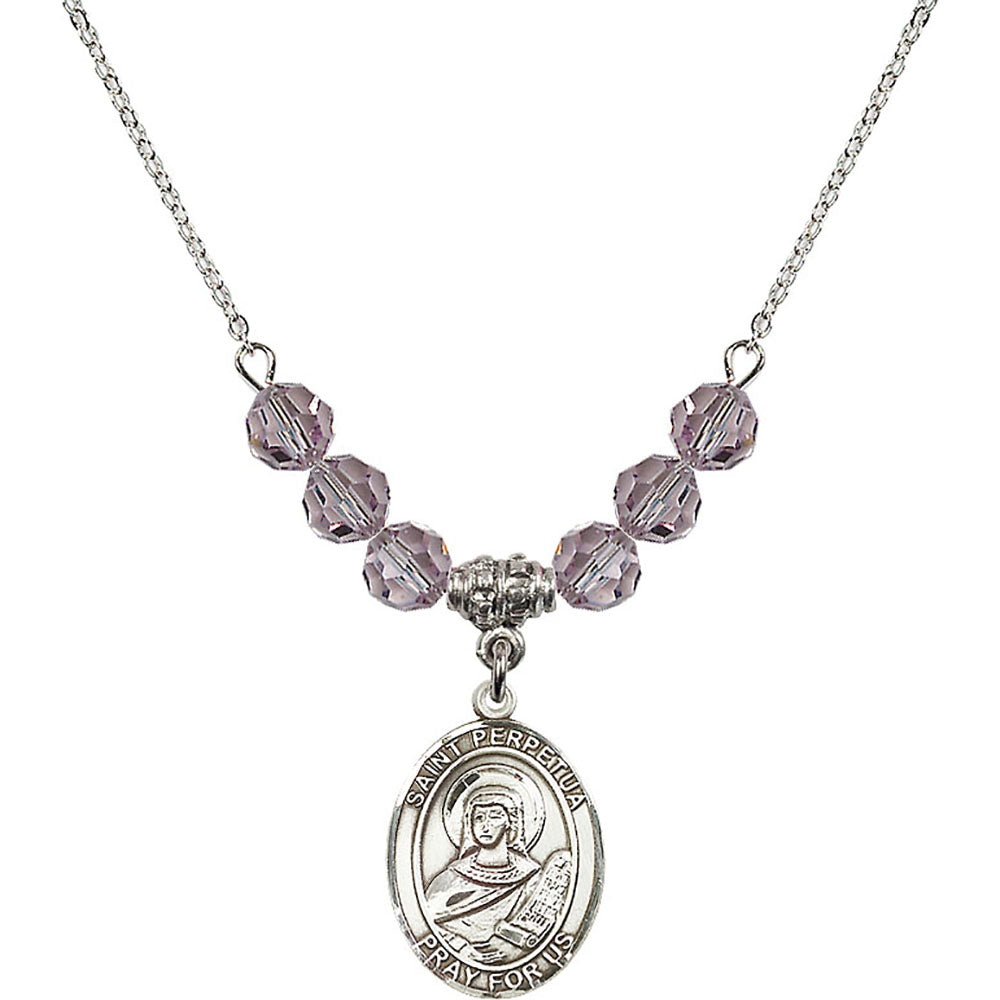 Sterling Silver Saint Perpetua Birthstone Necklace with Light Amethyst Beads - 8272