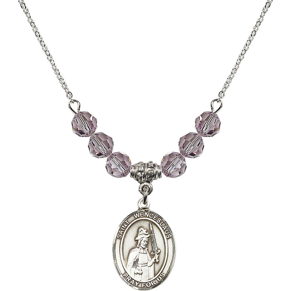 Sterling Silver Saint Wenceslaus Birthstone Necklace with Light Amethyst Beads - 8273