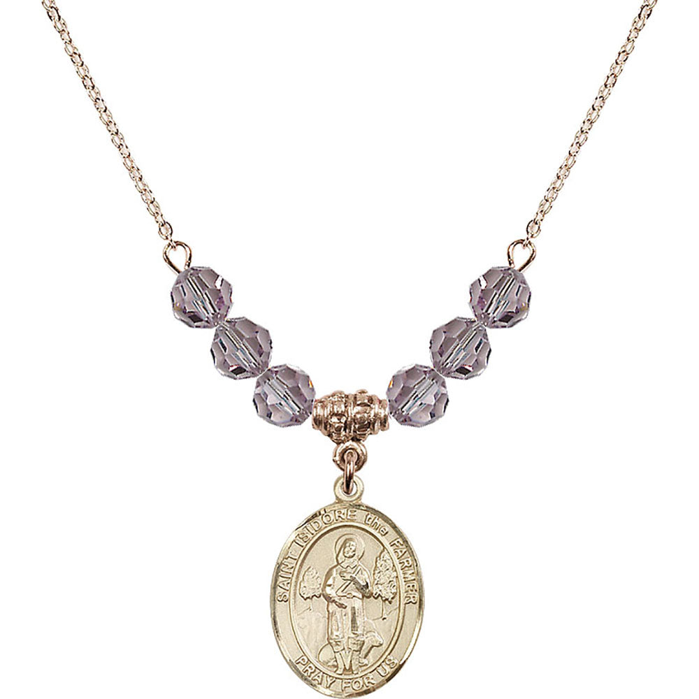 14kt Gold Filled Saint Isidore the Farmer Birthstone Necklace with Light Amethyst Beads - 8276