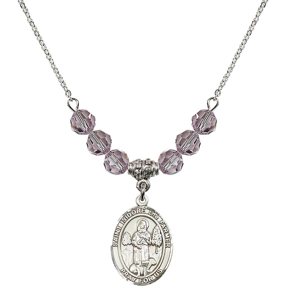 Sterling Silver Saint Isidore the Farmer Birthstone Necklace with Light Amethyst Beads - 8276