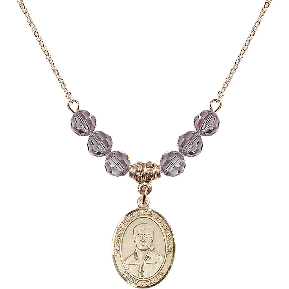 14kt Gold Filled Blessed Pier Giorgio Frassati Birthstone Necklace with Light Amethyst Beads - 8278