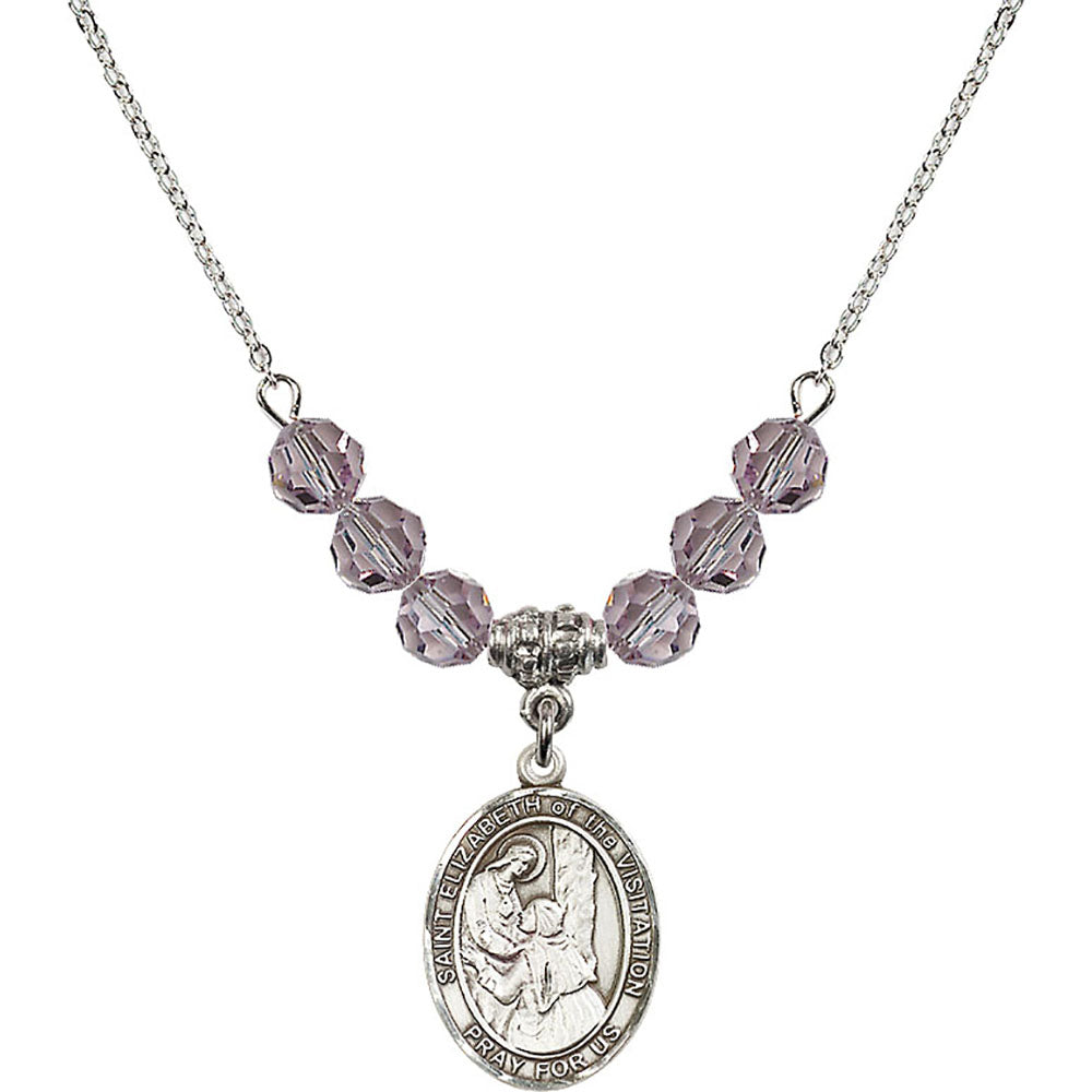 Sterling Silver Saint Elizabeth of the Visitation Birthstone Necklace with Light Amethyst Beads - 8311
