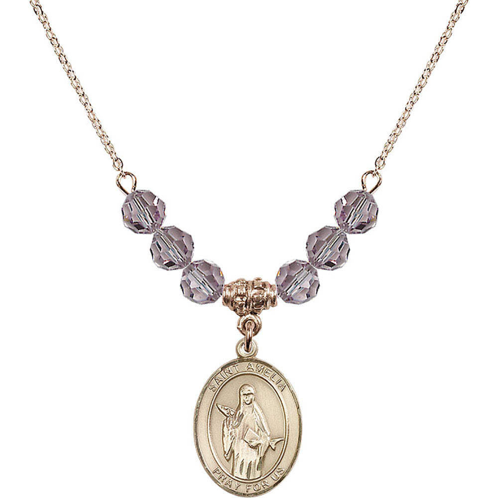 14kt Gold Filled Saint Amelia Birthstone Necklace with Light Amethyst Beads - 8313