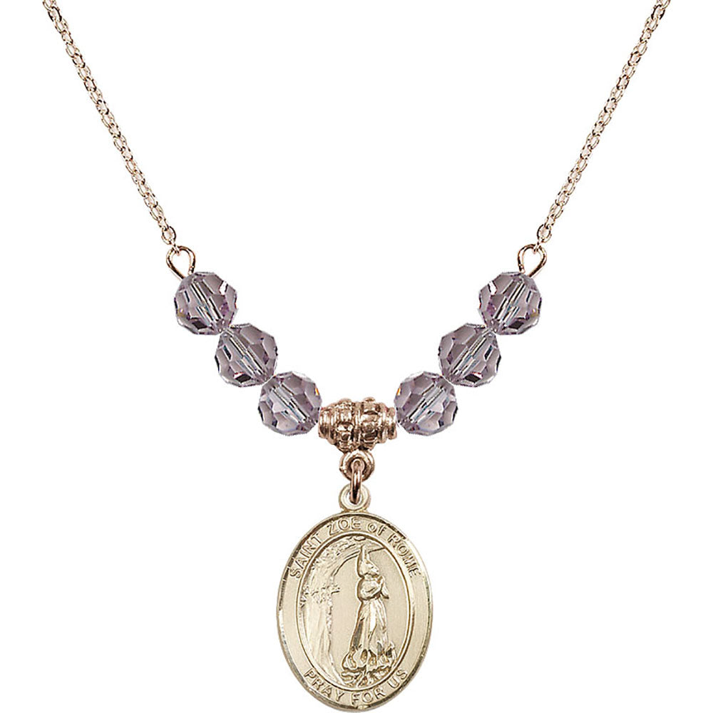 14kt Gold Filled Saint Zoe of Rome Birthstone Necklace with Light Amethyst Beads - 8314