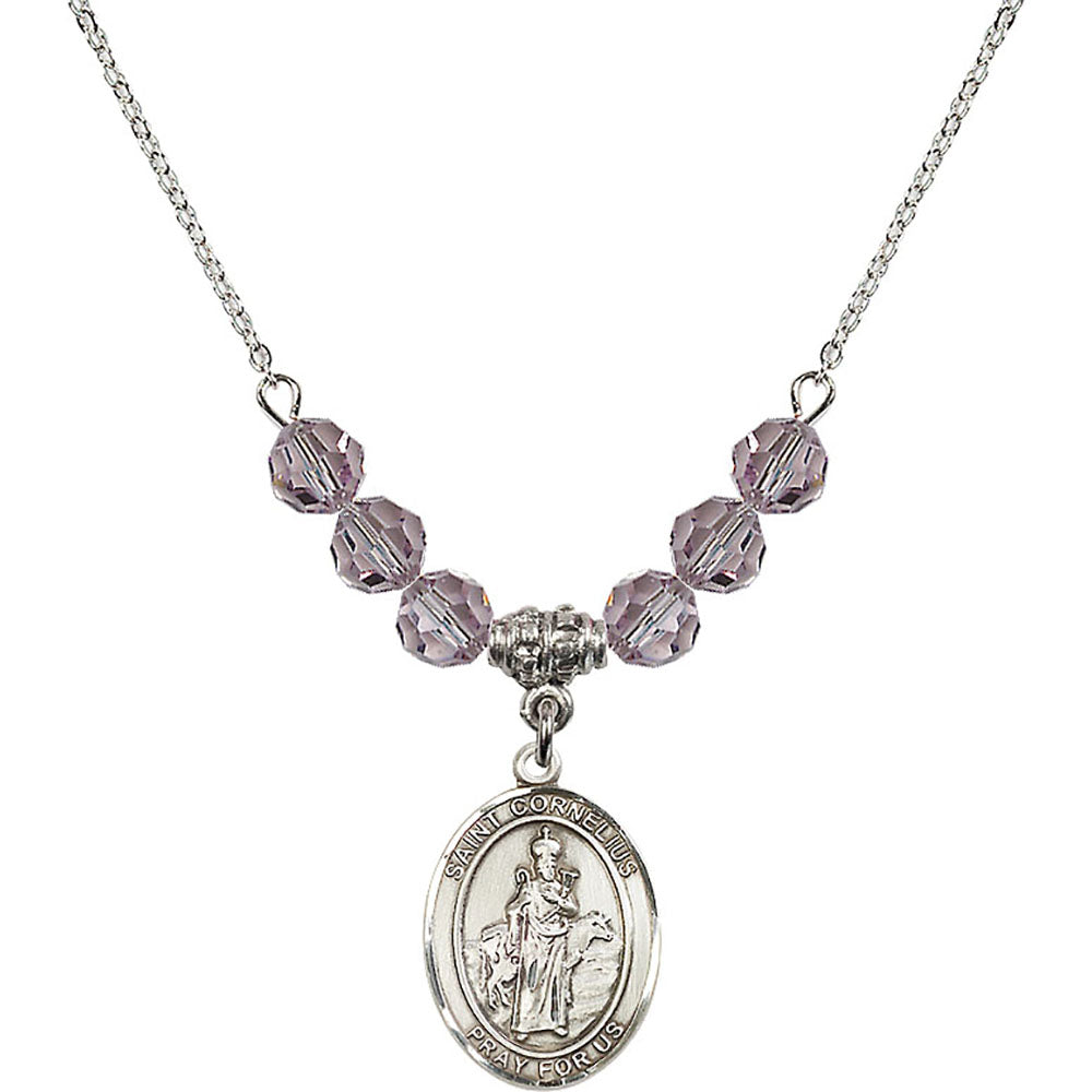 Sterling Silver Saint Cornelius Birthstone Necklace with Light Amethyst Beads - 8325