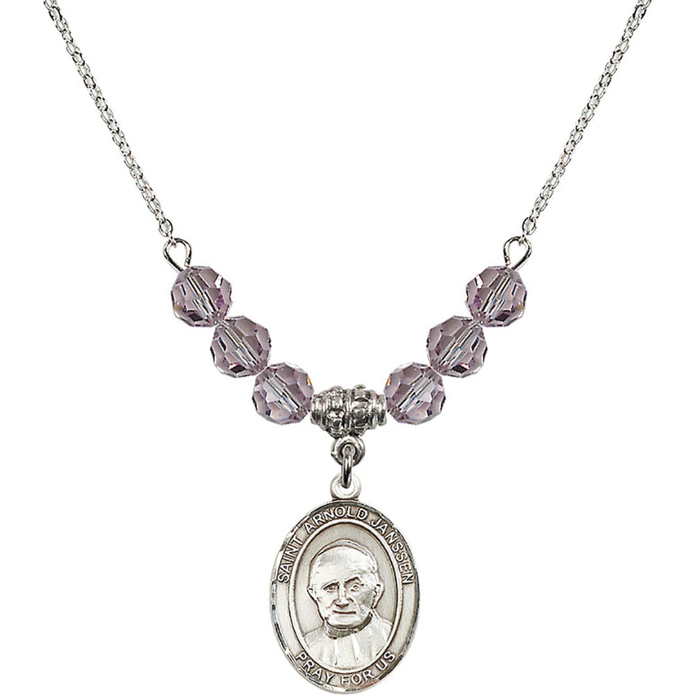 Sterling Silver Saint Arnold Janssen Birthstone Necklace with Light Amethyst Beads - 8328