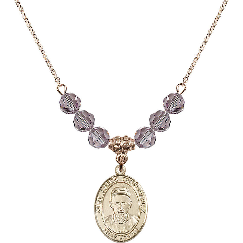 14kt Gold Filled Saint Joseph Freinademetz Birthstone Necklace with Light Amethyst Beads - 8329