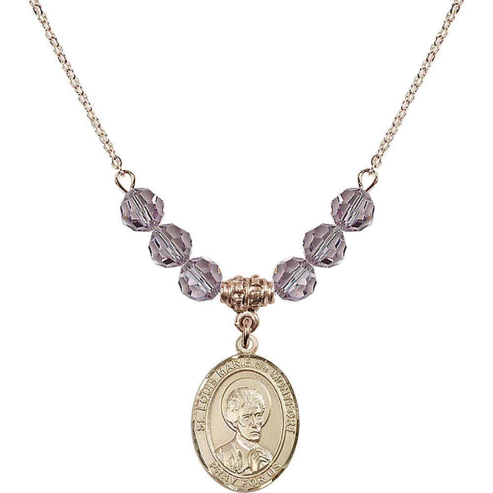 14kt Gold Filled Saint Louis Marie de Montfort Birthstone Necklace with Light Amethyst Beads - 8330