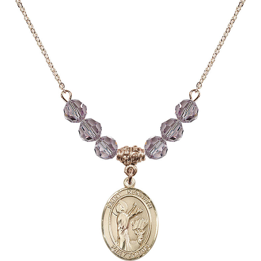 14kt Gold Filled Saint Kenneth Birthstone Necklace with Light Amethyst Beads - 8332