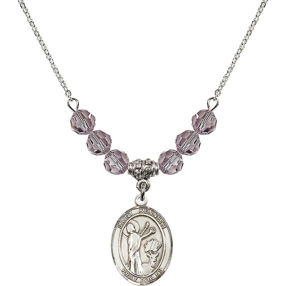 Sterling Silver Saint Kenneth Birthstone Necklace with Light Amethyst Beads - 8332
