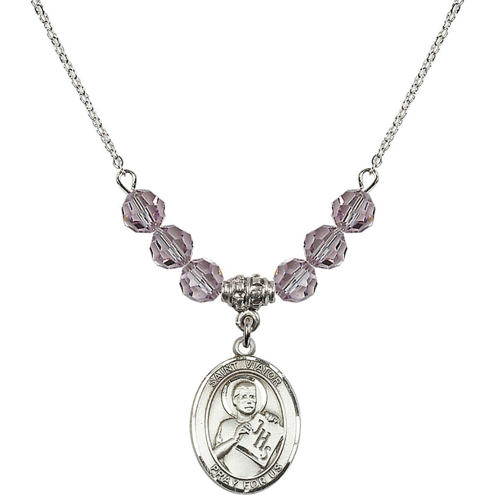 Sterling Silver Saint Viator of Bergamo Birthstone Necklace with Light Amethyst Beads - 8408