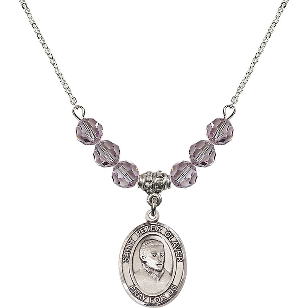 Sterling Silver Saint Peter Claver Birthstone Necklace with Light Amethyst Beads - 8442