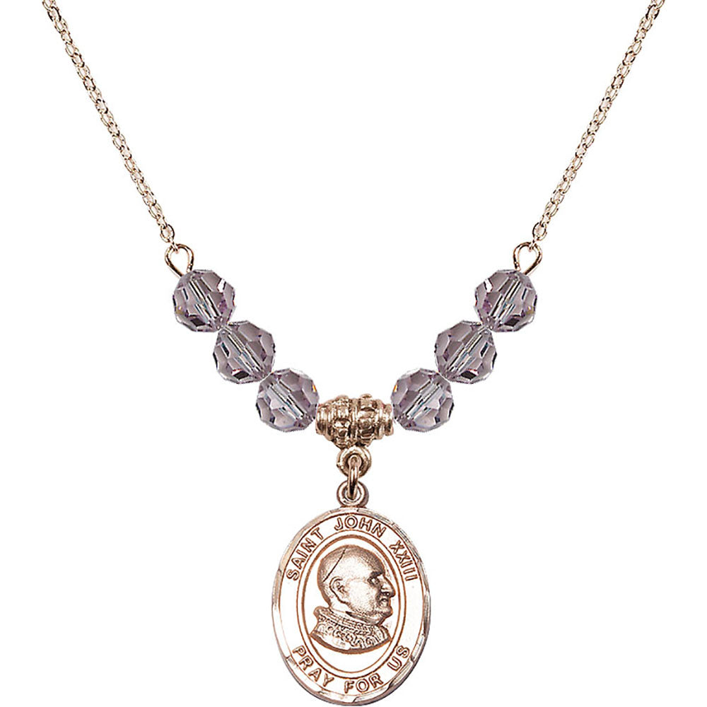 14kt Gold Filled Saint John XXIII Birthstone Necklace with Light Amethyst Beads - 8455