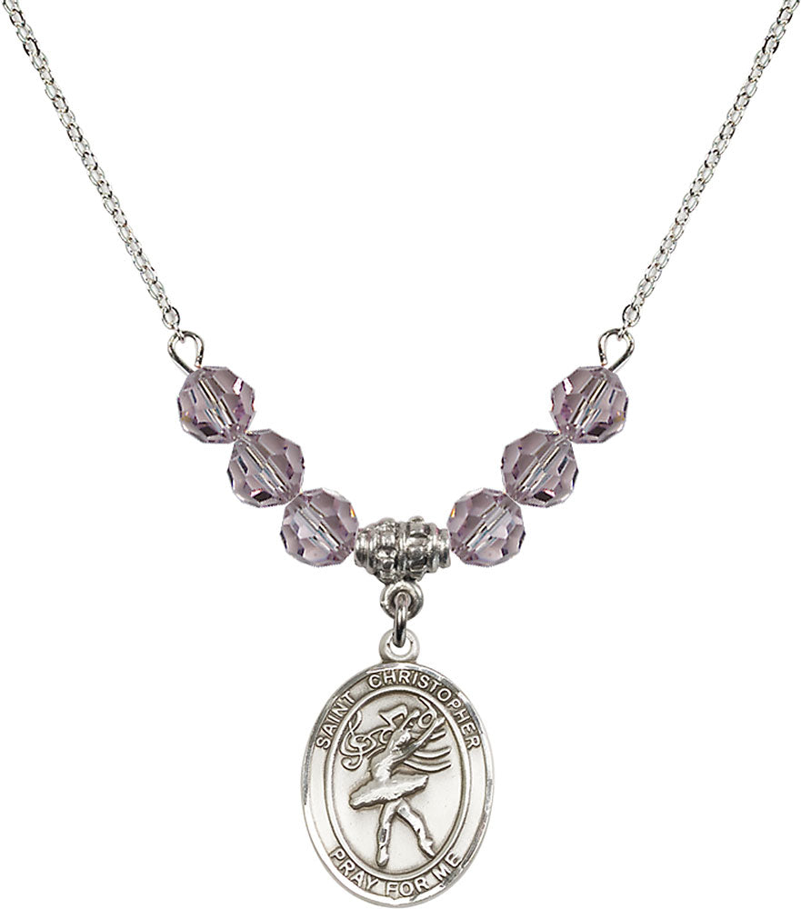 Sterling Silver Saint Christopher/Dance Birthstone Necklace with Light Amethyst Beads - 8512