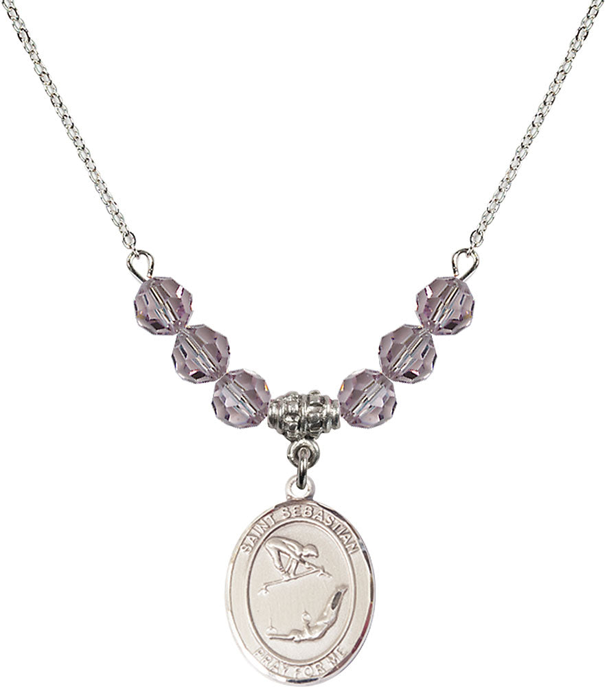 Sterling Silver Saint Sebastian/Gymnastics Birthstone Necklace with Light Amethyst Beads - 8613