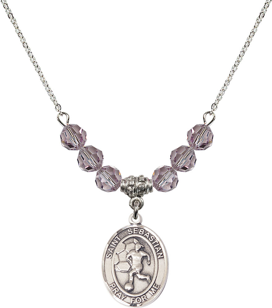 Sterling Silver Saint Sebastian/Soccer-Women Birthstone Necklace with Light Amethyst Beads - 8617