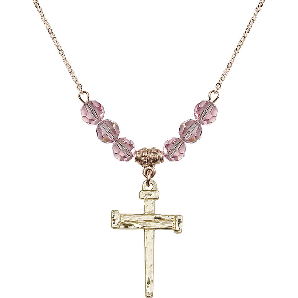 14kt Gold Filled Nail Cross Birthstone Necklace with Light Rose Beads - 0013