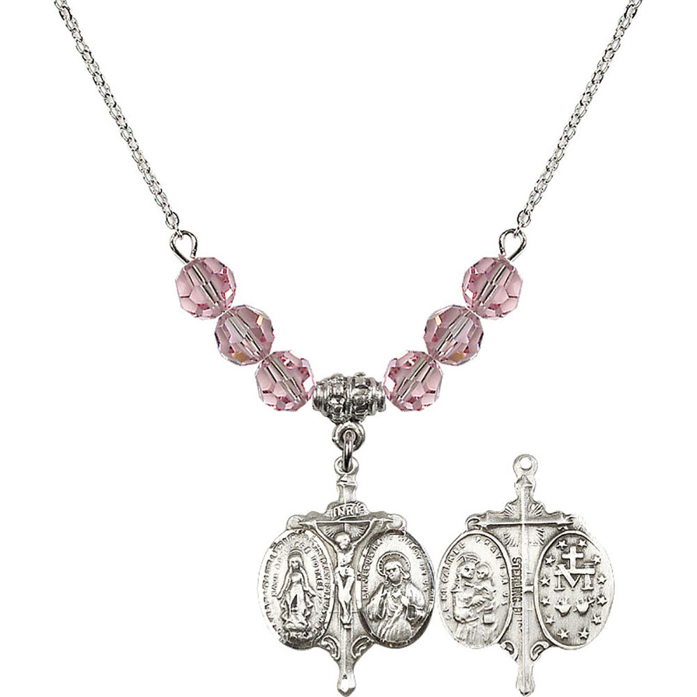 Sterling Silver Novena Birthstone Necklace with Light Rose Beads - 0021