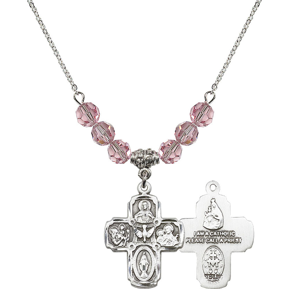 Sterling Silver 5-Way Birthstone Necklace with Light Rose Beads - 0041