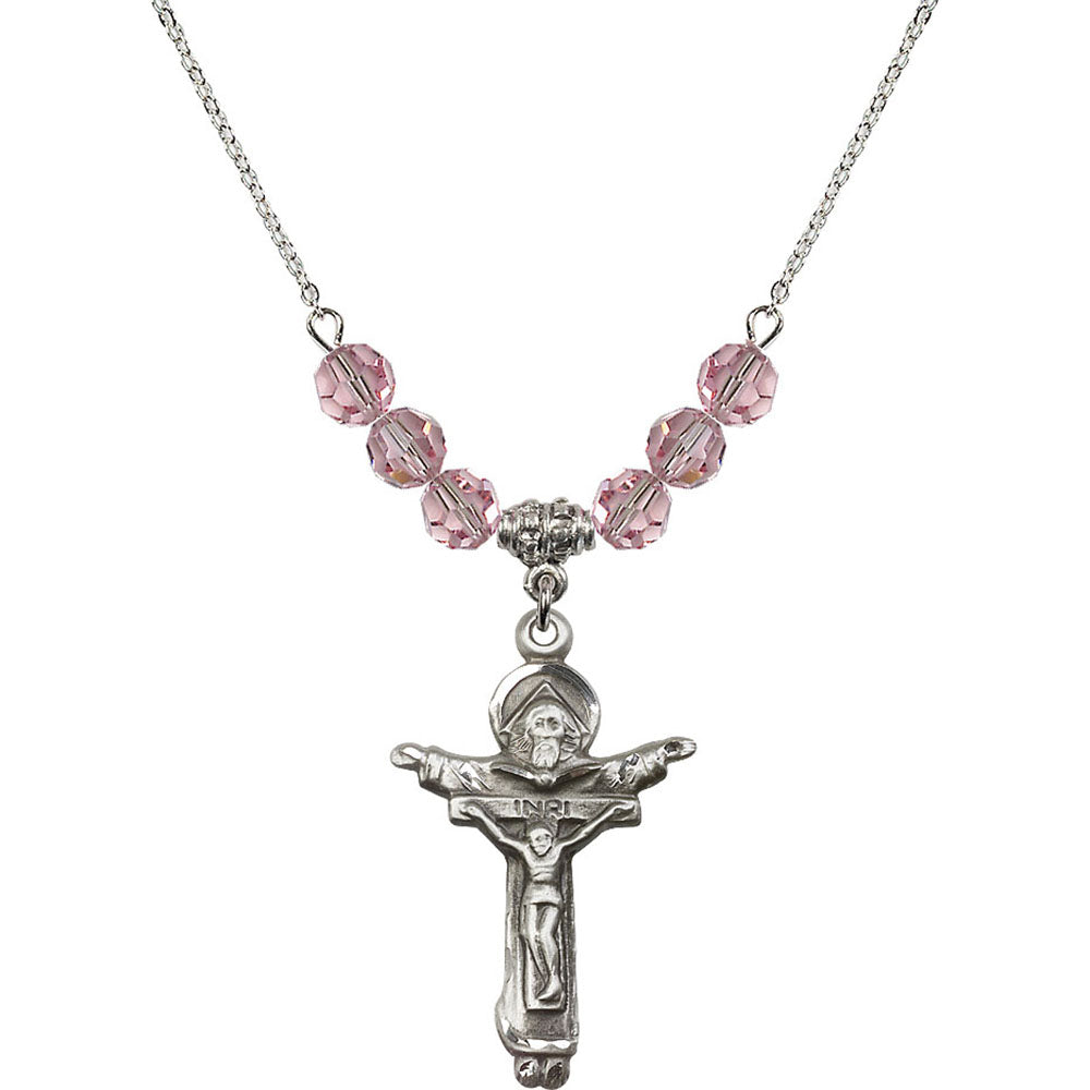 Sterling Silver Trinity Crucifix Birthstone Necklace with Light Rose Beads - 0065