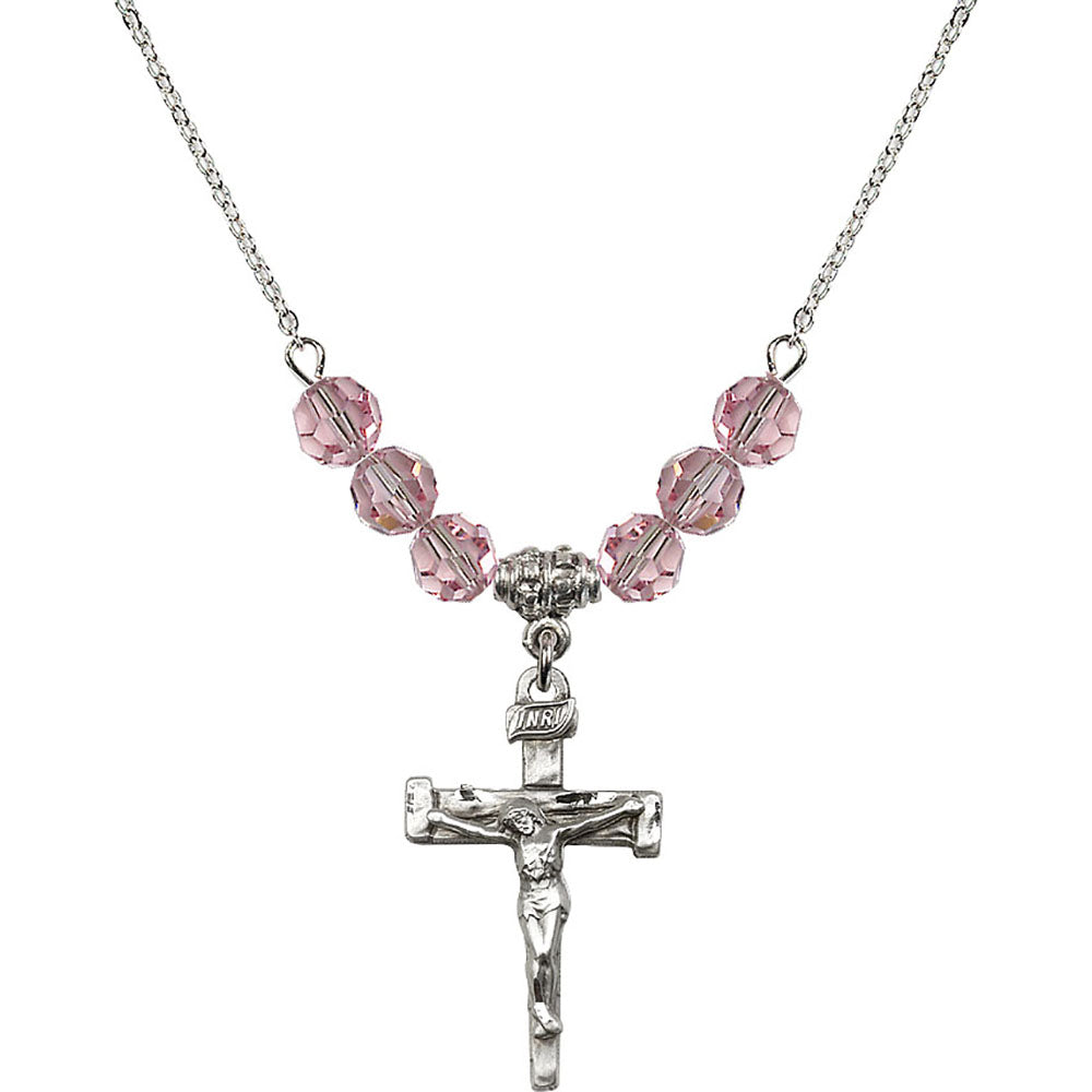 Sterling Silver Nail Crucifix Birthstone Necklace with Light Rose Beads - 0073