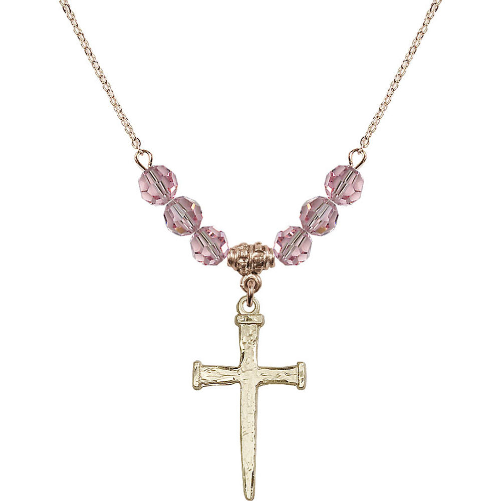 14kt Gold Filled Nail Cross Birthstone Necklace with Light Rose Beads - 0085