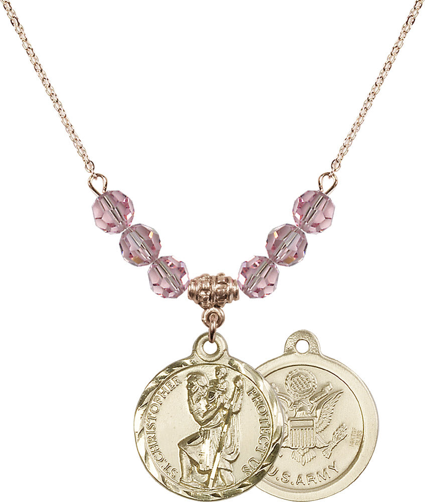 14kt Gold Filled Saint Christopher / Army Birthstone Necklace with Light Rose Beads - 0192