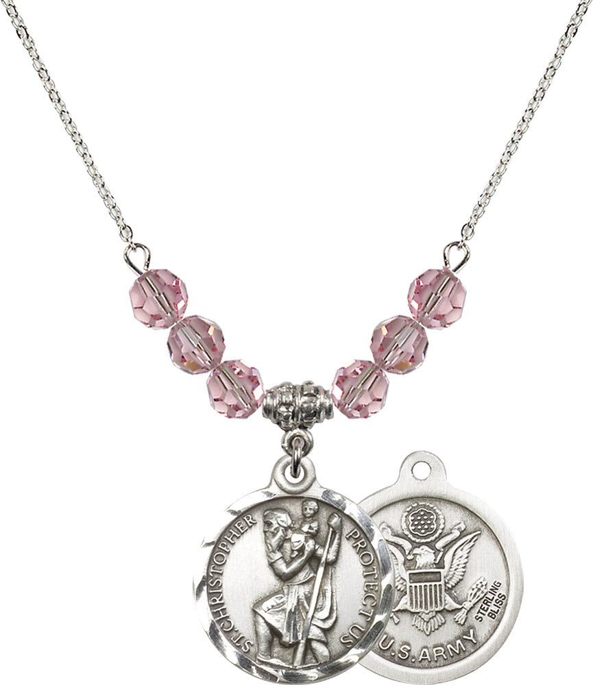 Sterling Silver Saint Christopher / Army Birthstone Necklace with Light Rose Beads - 0192