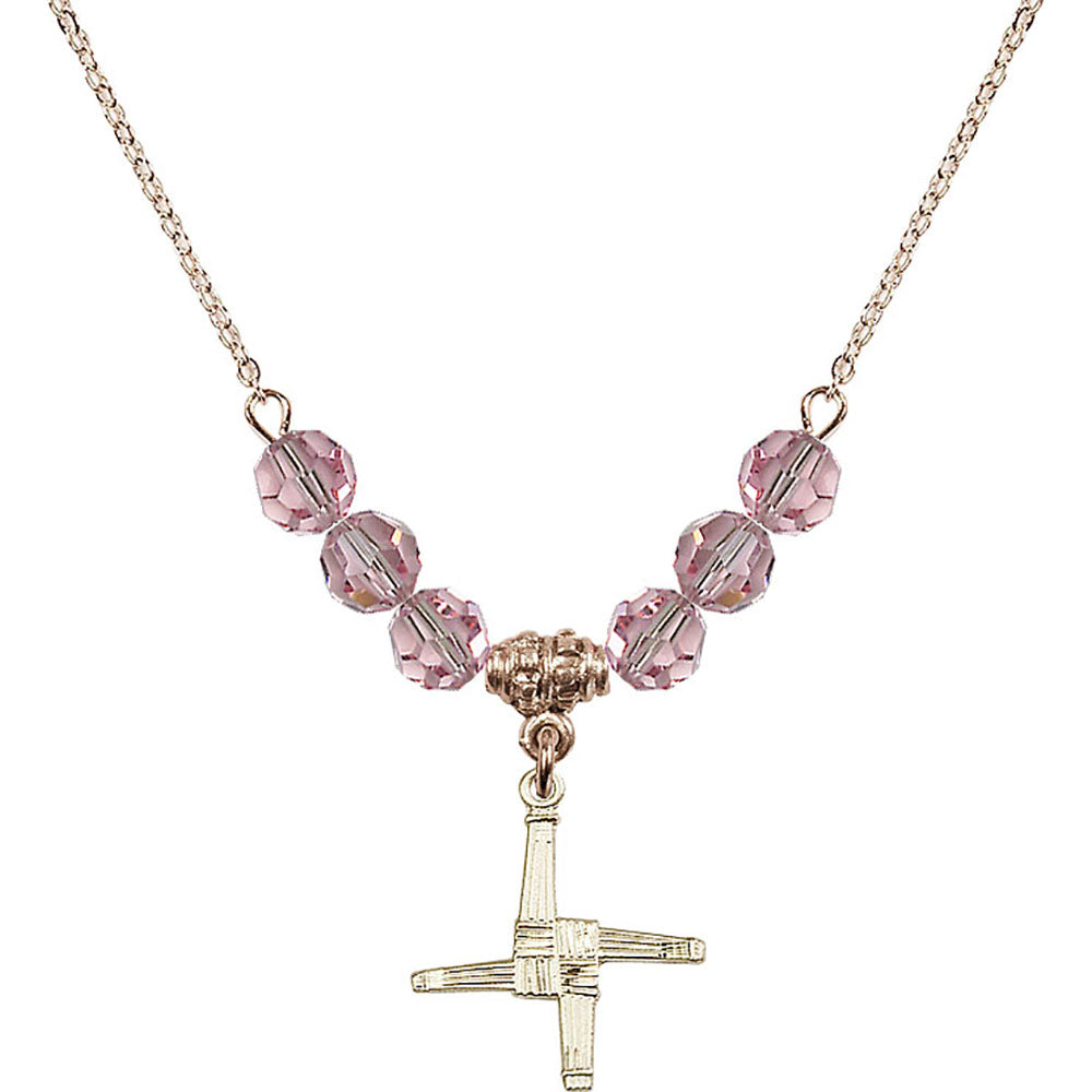 14kt Gold Filled Saint Brigid Cross Birthstone Necklace with Light Rose Beads - 0290