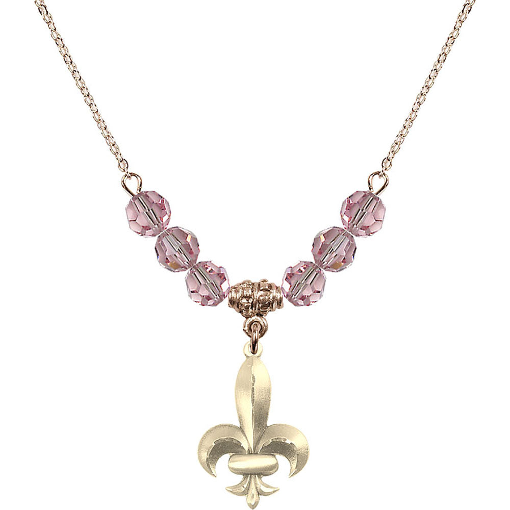 14kt Gold Filled Fleur de Lis Birthstone Necklace with Light Rose Beads - 0294