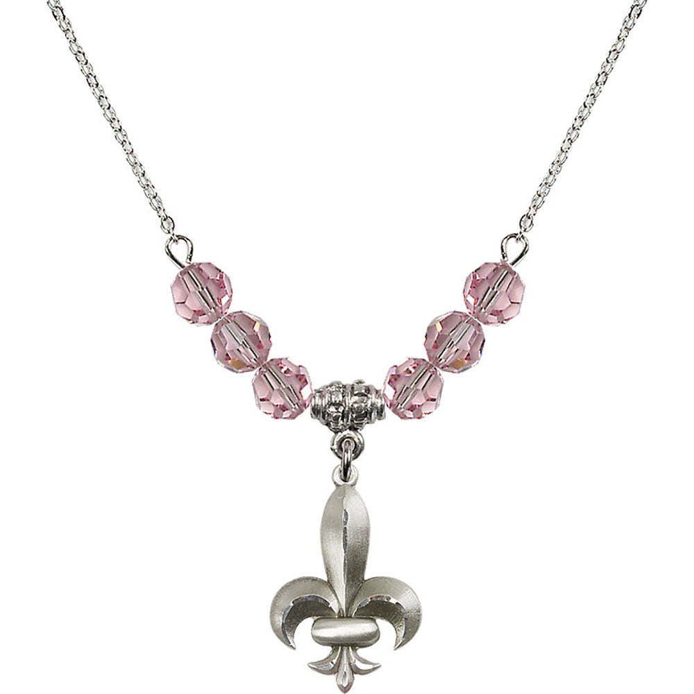 Sterling Silver Fleur de Lis Birthstone Necklace with Light Rose Beads - 0294