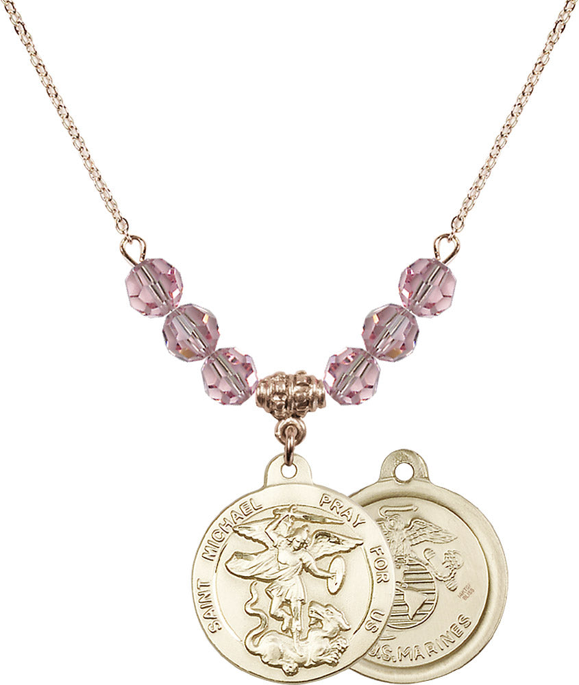 14kt Gold Filled Saint Michael / Marines Birthstone Necklace with Light Rose Beads - 0342