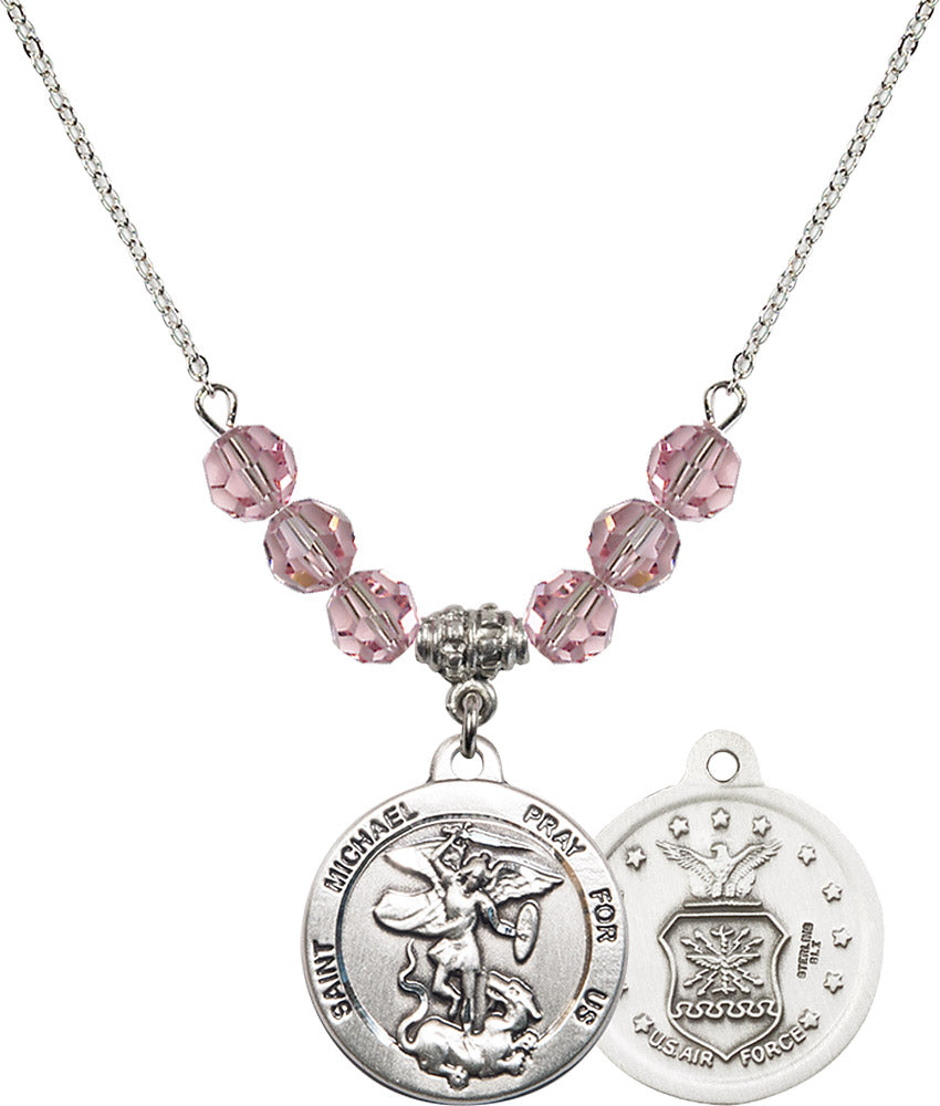 Sterling Silver Saint Michael / Air Force Birthstone Necklace with Light Rose Beads - 0342