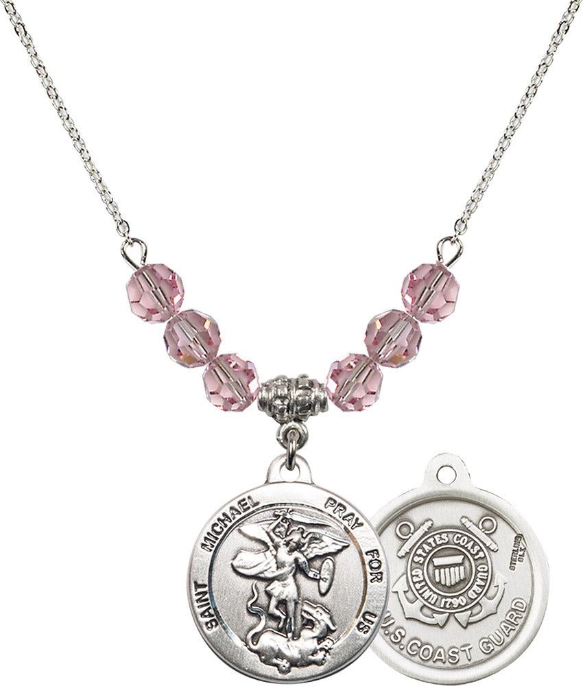 Sterling Silver Saint Michael / Coast Guard Birthstone Necklace with Light Rose Beads - 0342