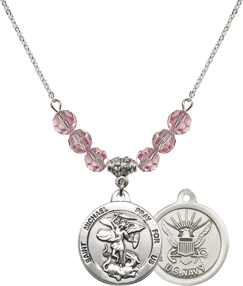 Sterling Silver Saint Michael / Navy Birthstone Necklace with Light Rose Beads - 0342