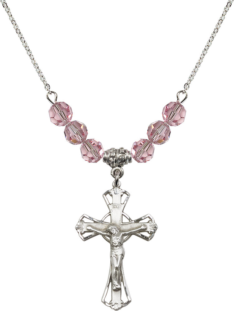 Sterling Silver Crucifix Birthstone Necklace with Light Rose Beads - 0659