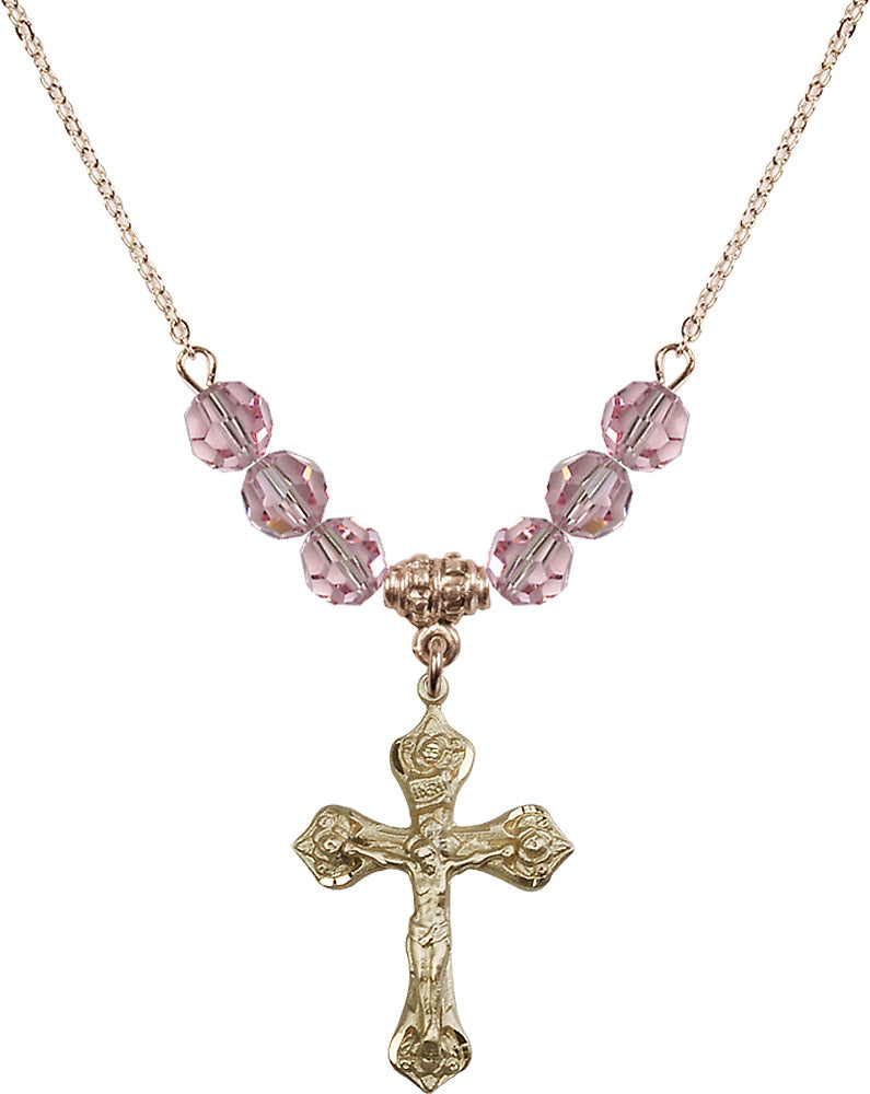 14kt Gold Filled Crucifix Birthstone Necklace with Light Rose Beads - 0662