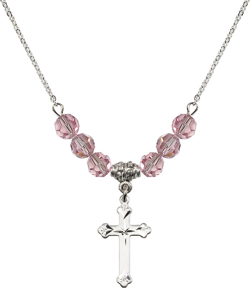 Sterling Silver Cross Birthstone Necklace with Light Rose Beads - 0667