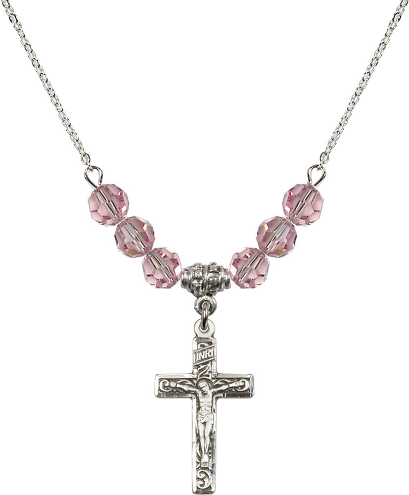 Sterling Silver Crucifix Birthstone Necklace with Light Rose Beads - 0673