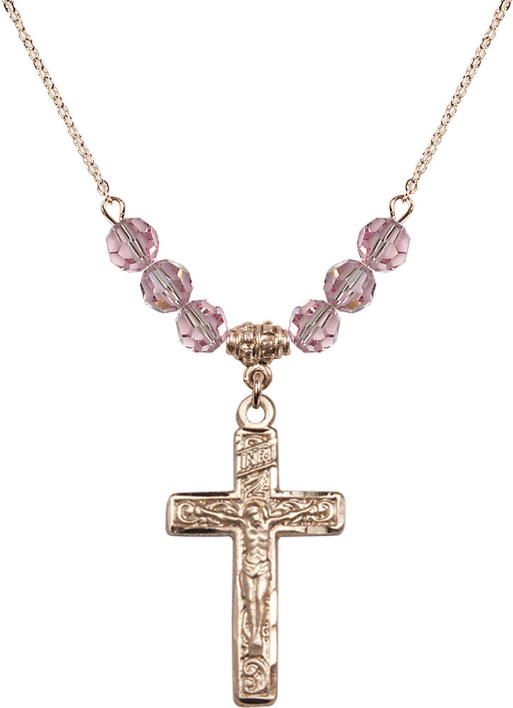 14kt Gold Filled Crucifix Birthstone Necklace with Light Rose Beads - 0674