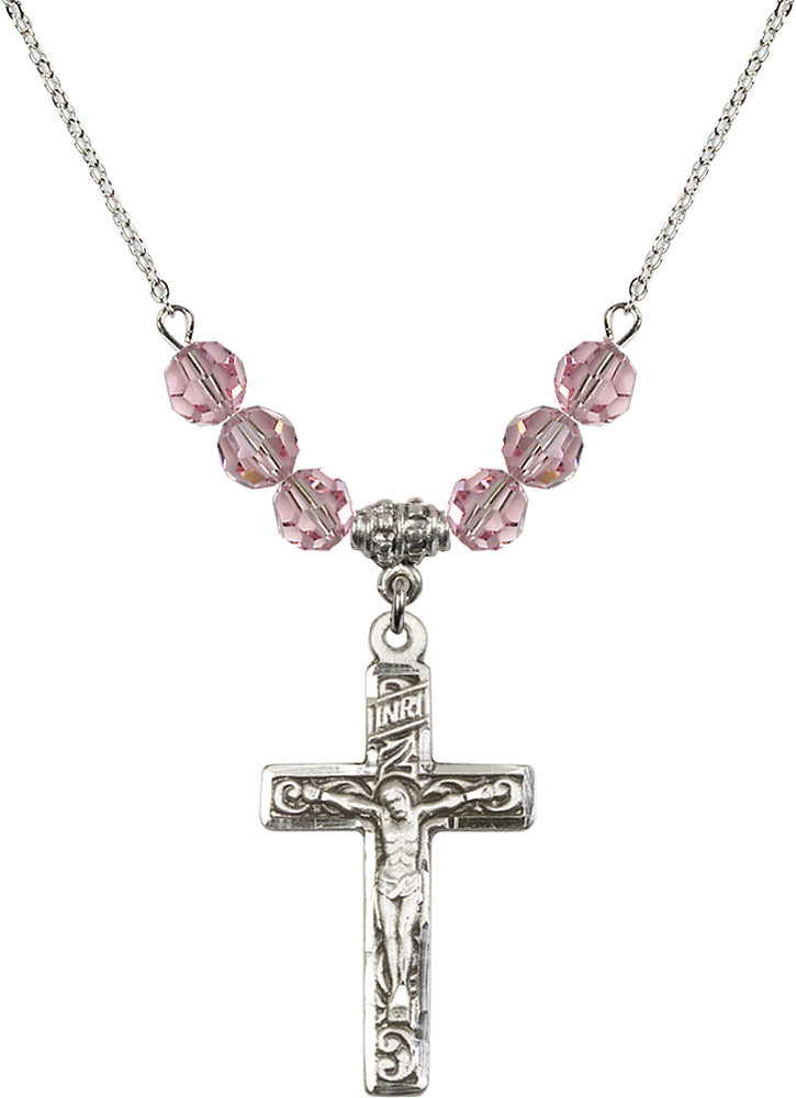 Sterling Silver Crucifix Birthstone Necklace with Light Rose Beads - 0674