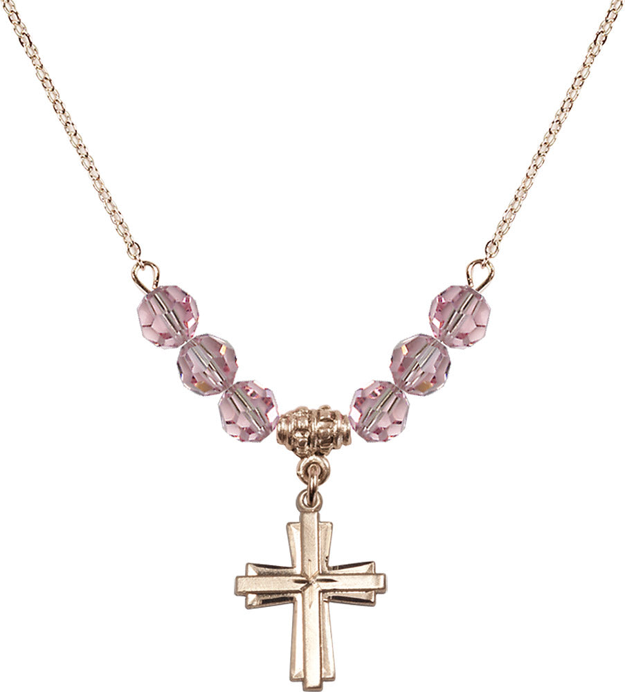 14kt Gold Filled Cross Birthstone Necklace with Light Rose Beads - 0675
