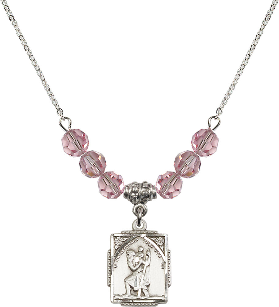 Sterling Silver Saint Christopher Birthstone Necklace with Light Rose Beads - 0804